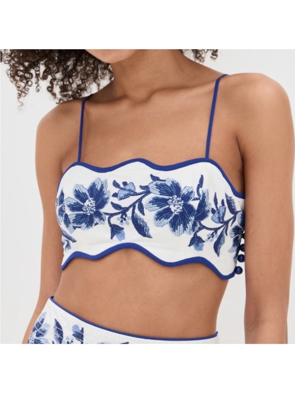 NWT FARM Rio White & Blue Floral Scalloped Crop Top ‘Summer Fruit’ print